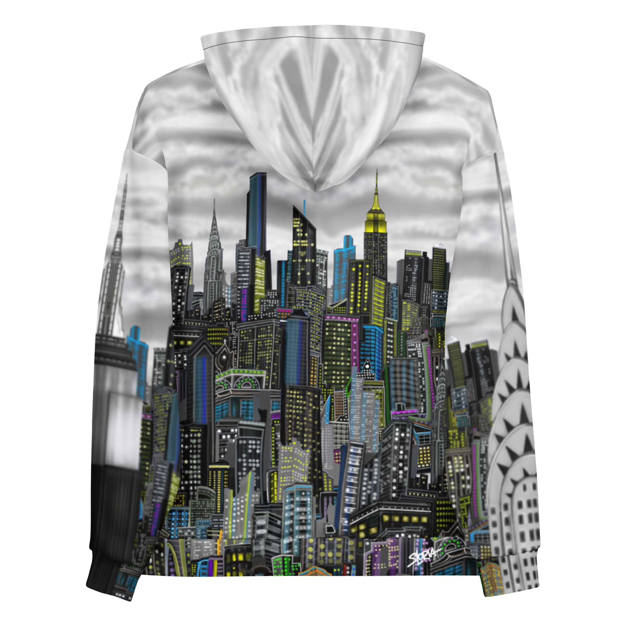 Rear image of a Loria NYC Art Hoodie with a cityscape design on a white background