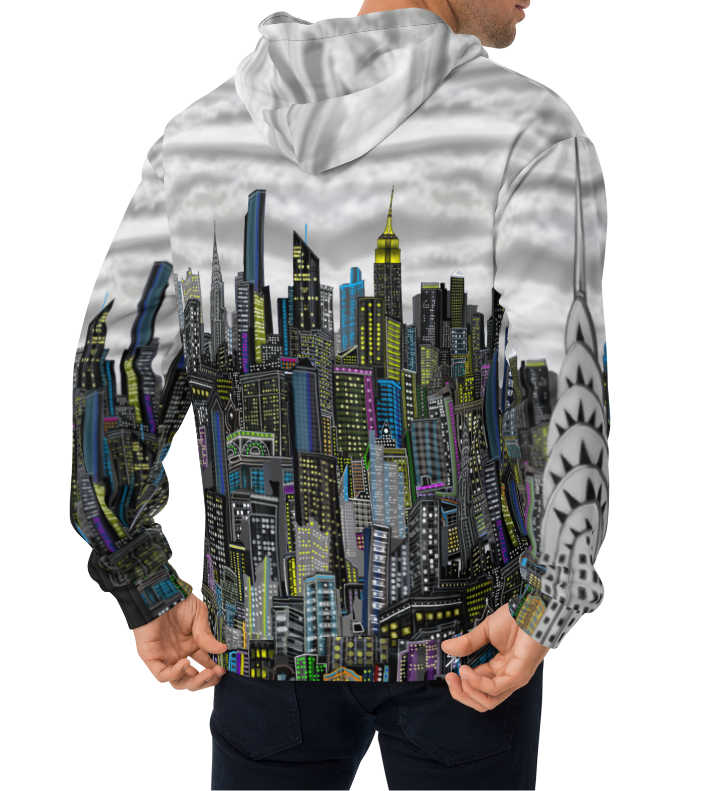 Rear side of a Person wearing a hoodie with a Loria NYC Art cityscape design on the back against a white background