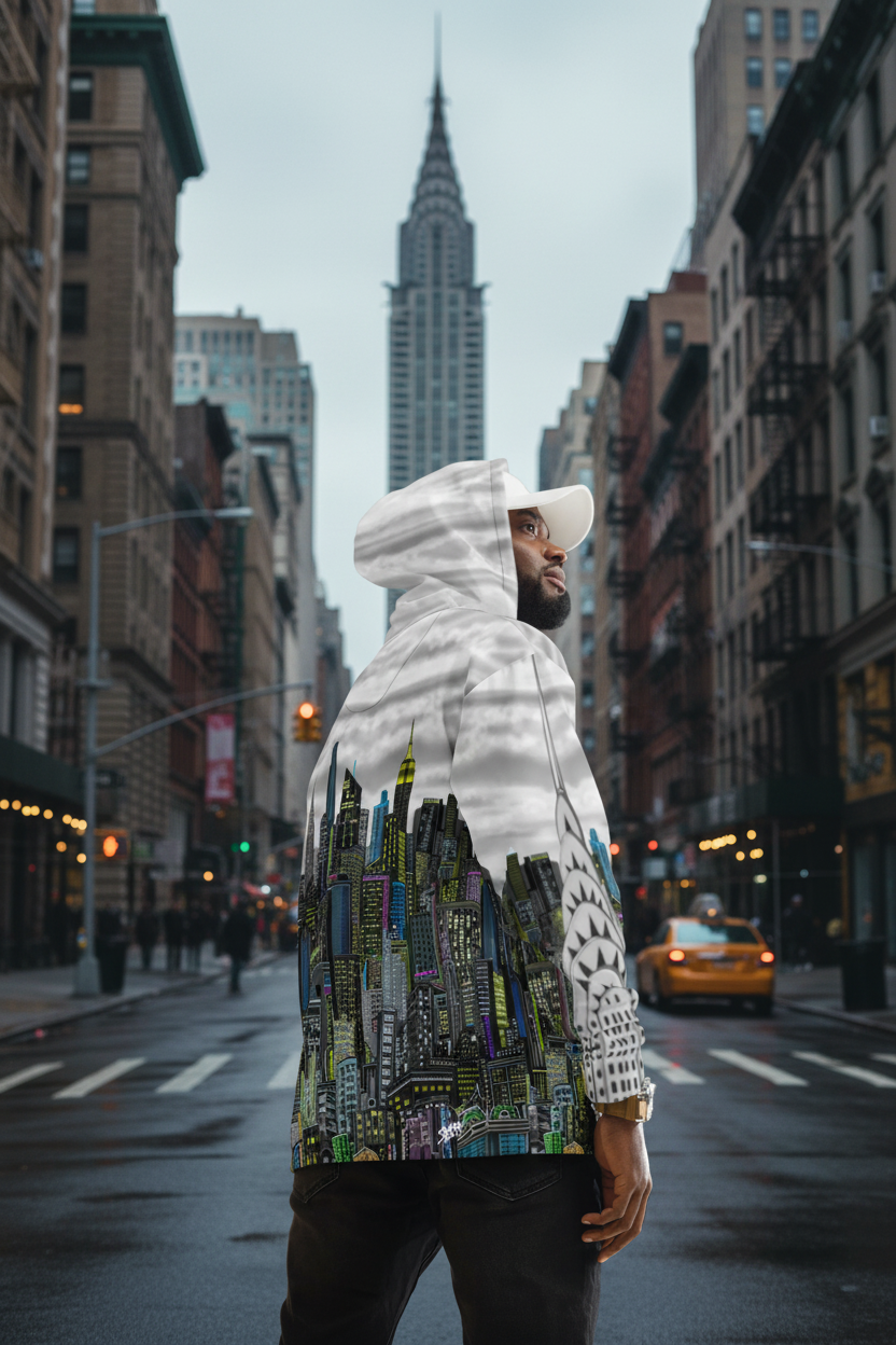 Person wearing a hoodie with a Loria NYC Art cityscape design against a grey background