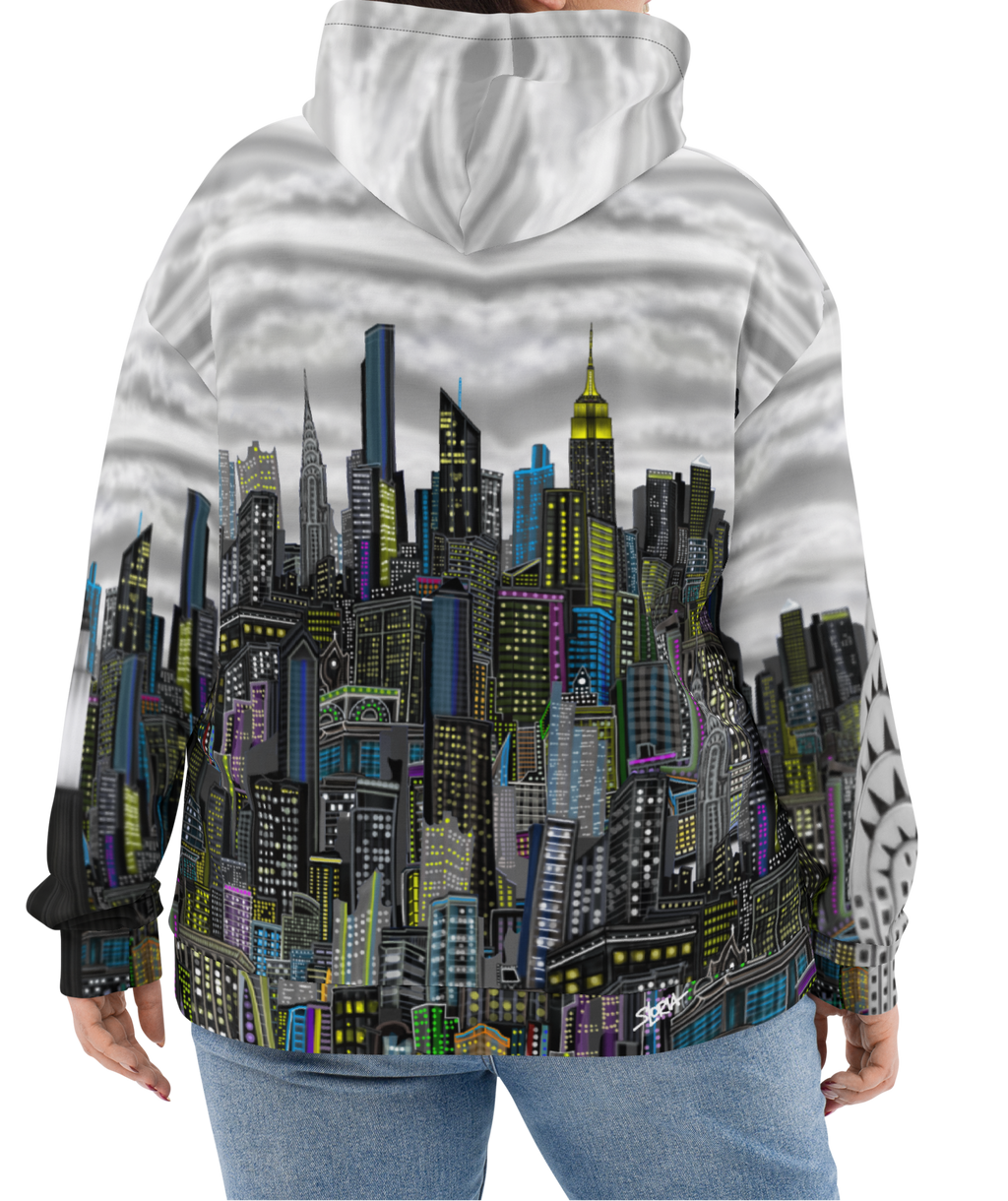 Back of Person wearing a hoodie with a cityscape Loria NYC Art design on a white background
