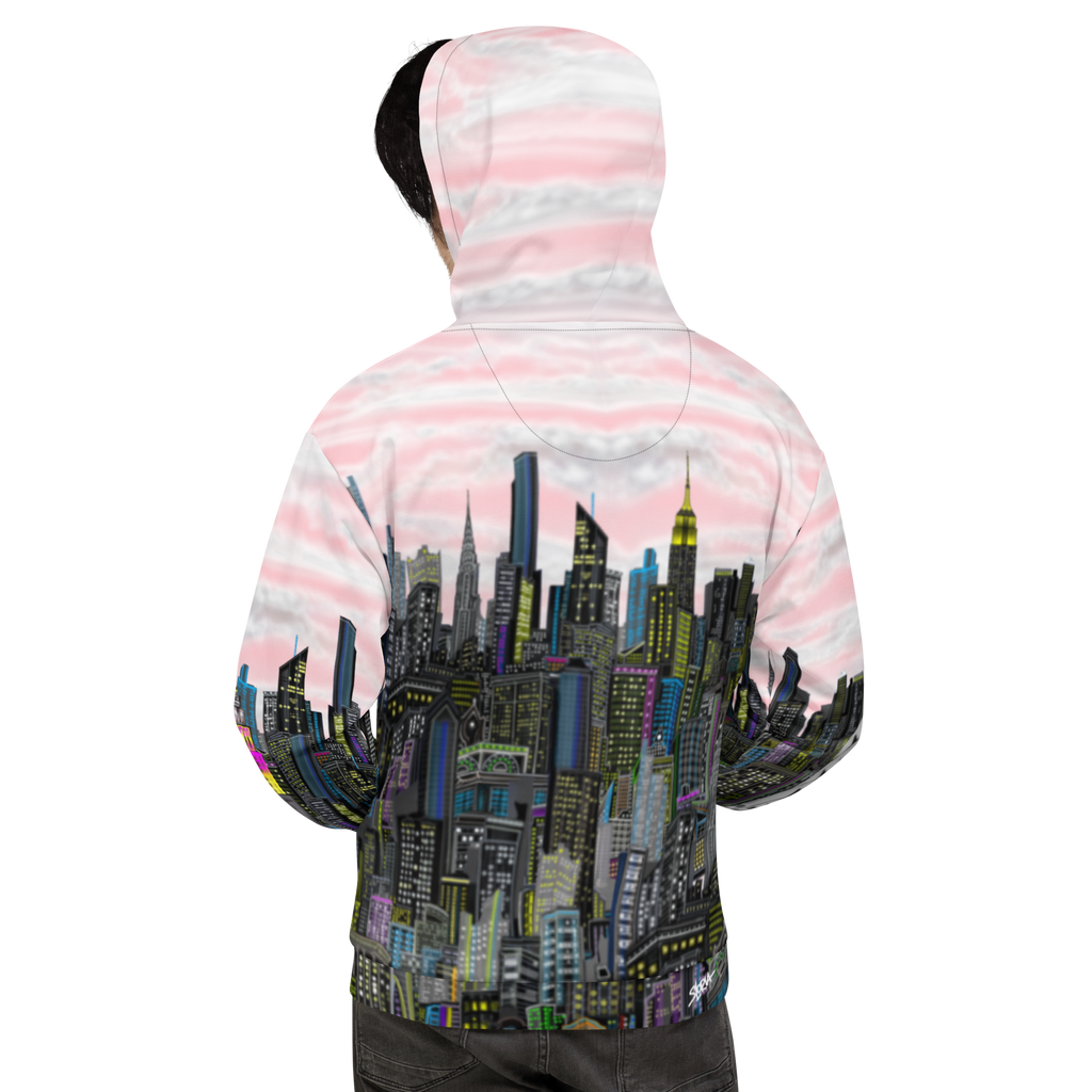 Pink Hoodie with a Loria NYC Art cityscape design on the back against a white background