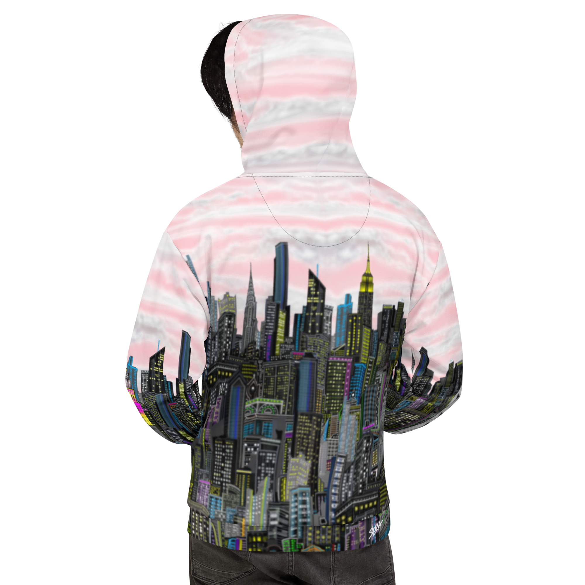 Pink Hoodie with a Loria NYC Art cityscape design on the back against a white background