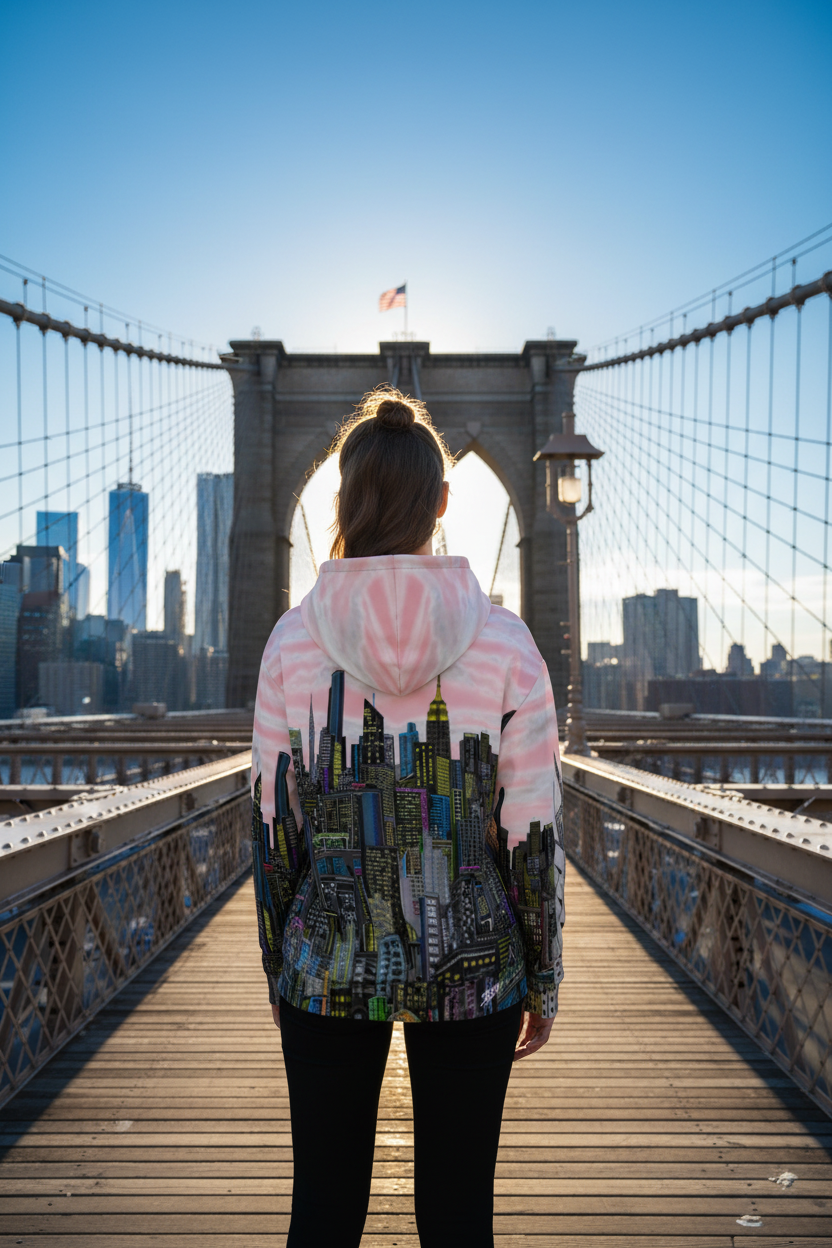 Person wearing a hoodie with a  Loria NYC Art cityscape design on the back