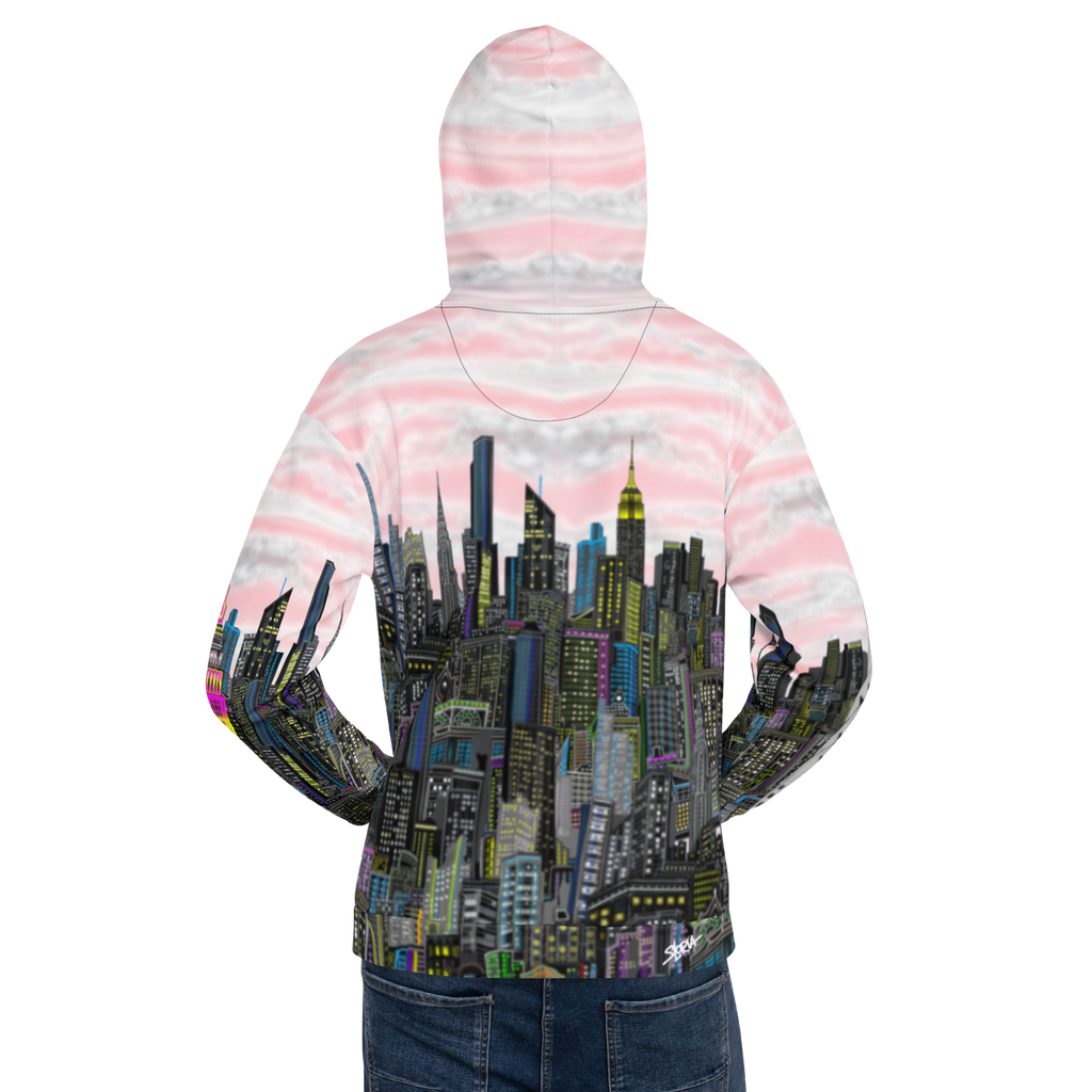 Hoodie with a Loria NYC Art cityscape design on the back against a white background