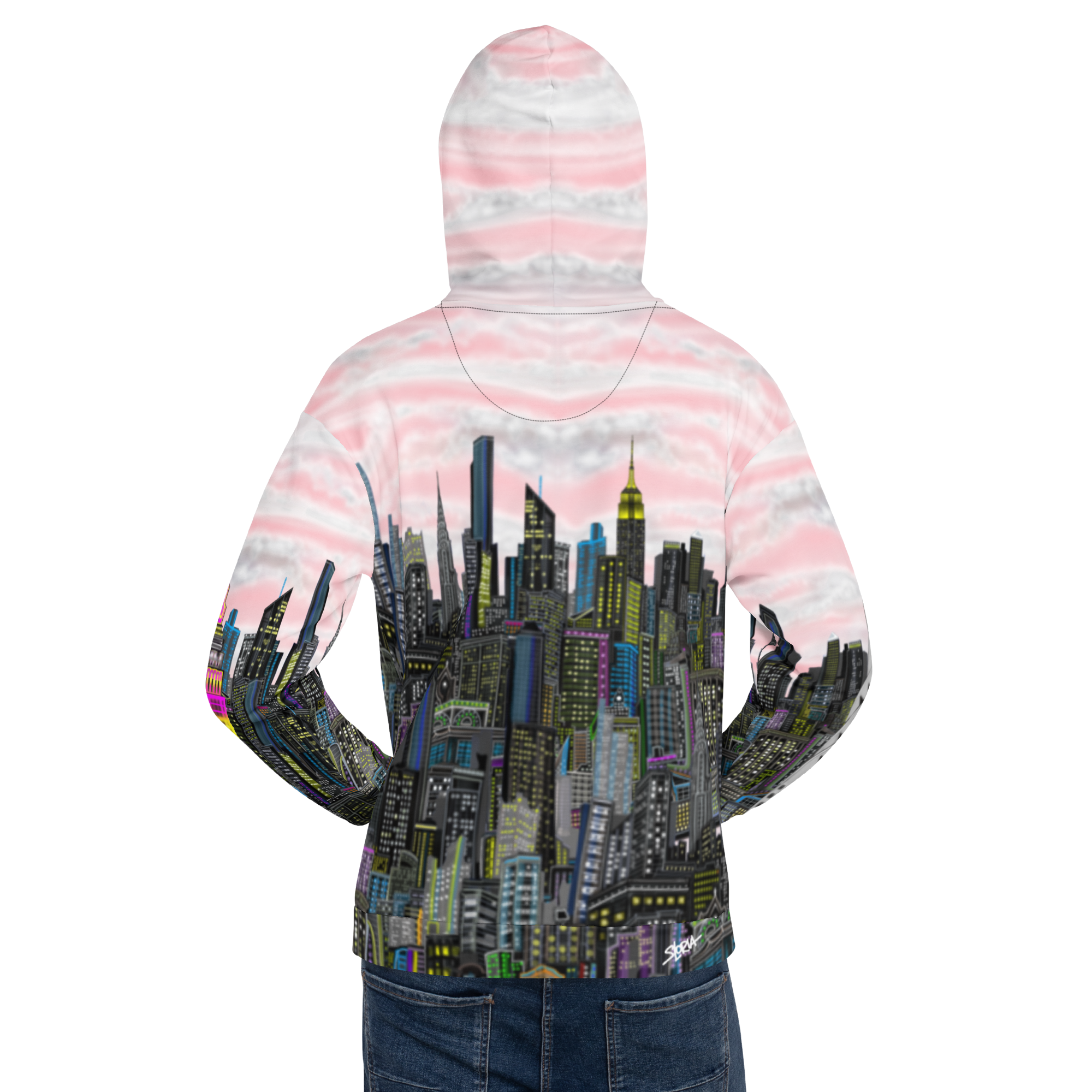 Hoodie with a Loria NYC Art cityscape design on the back against a white background