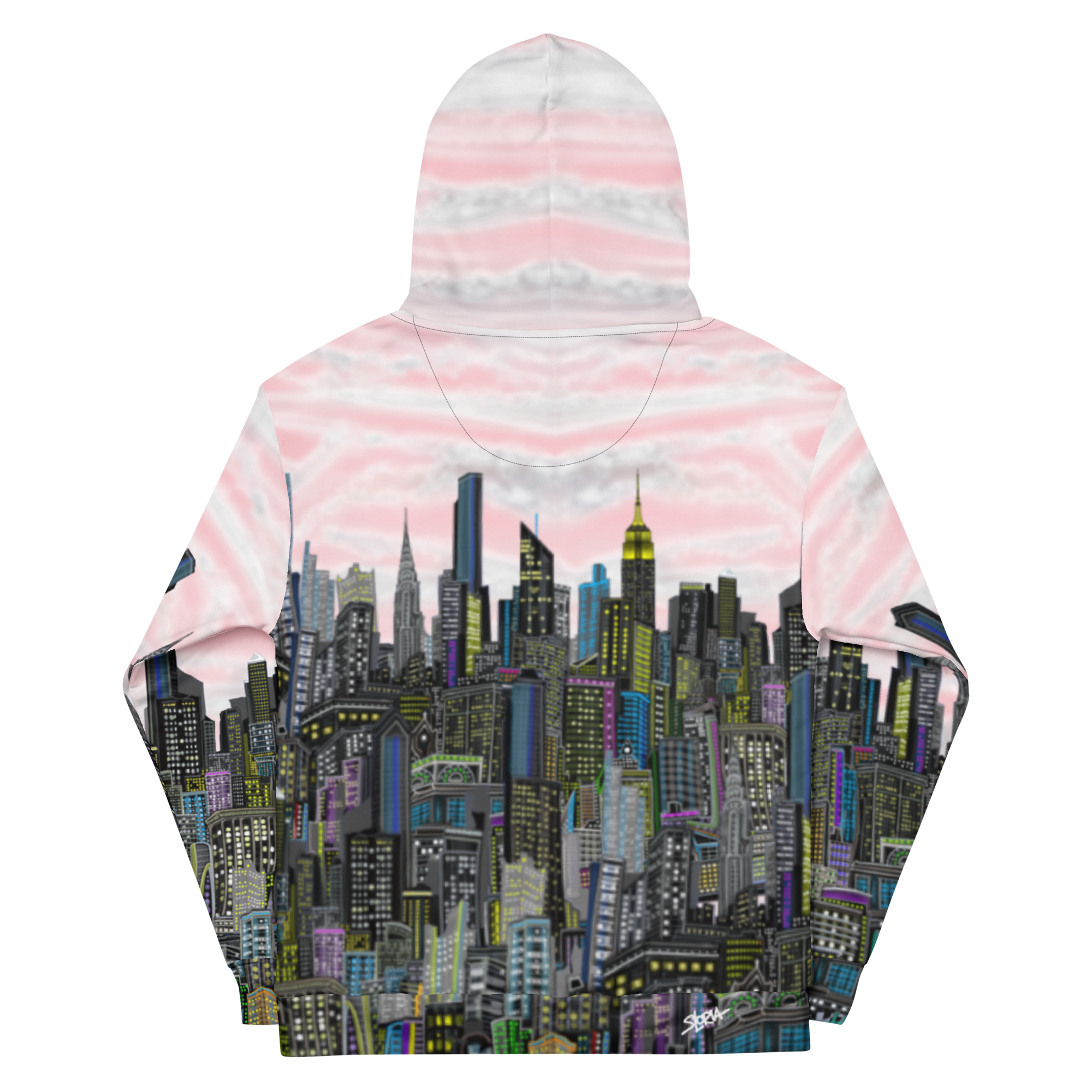 Rear view of Hoodie with cityscape design on a white background
