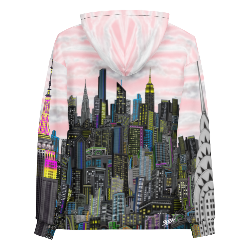 Back of a pink Hoodie with a Loria NYC Art cityscape design on the back against a white background