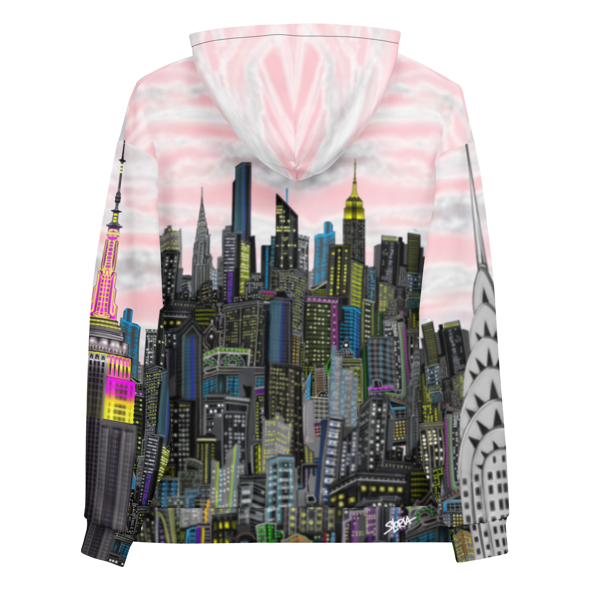 Back of a pink Hoodie with a Loria NYC Art cityscape design on the back against a white background