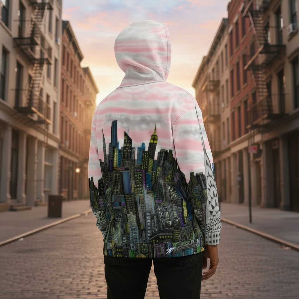 Person wearing a hoodie with a Loria NYC Art cityscape design in an urban setting