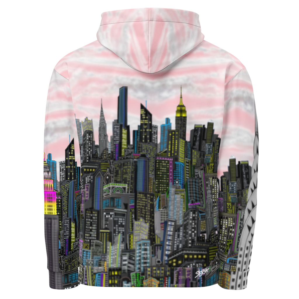 Loria NYC Art Hoodie with a cityscape design on the back against a white background