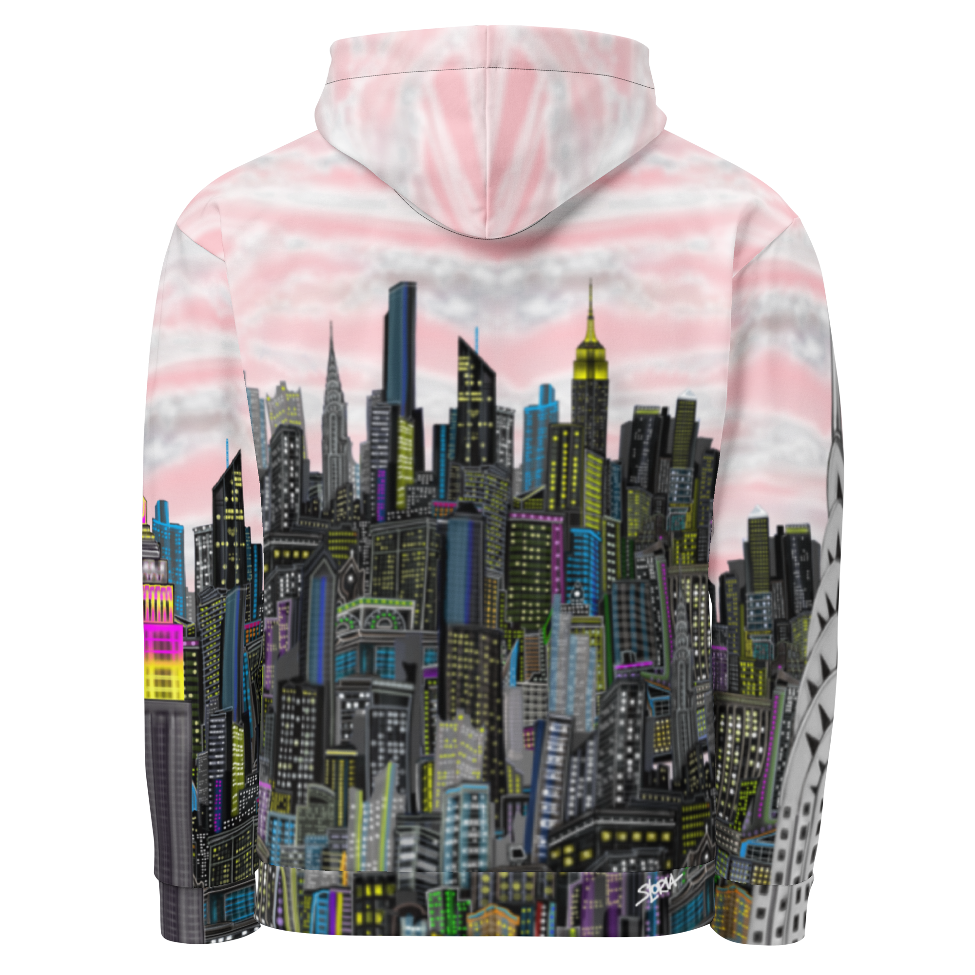 Loria NYC Art Hoodie with a cityscape design on the back against a white background