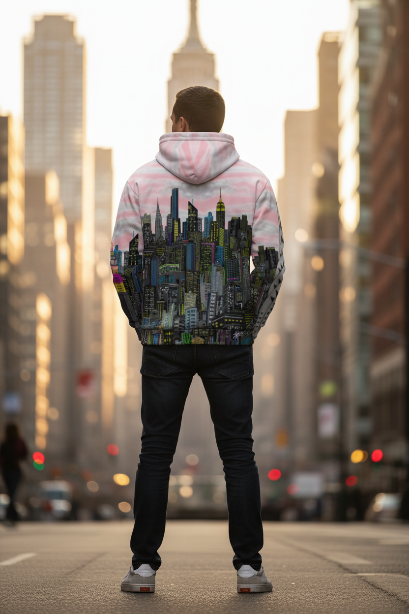 Person wearing a hoodie with a Loria NYC Art cityscape design standing on a city street.