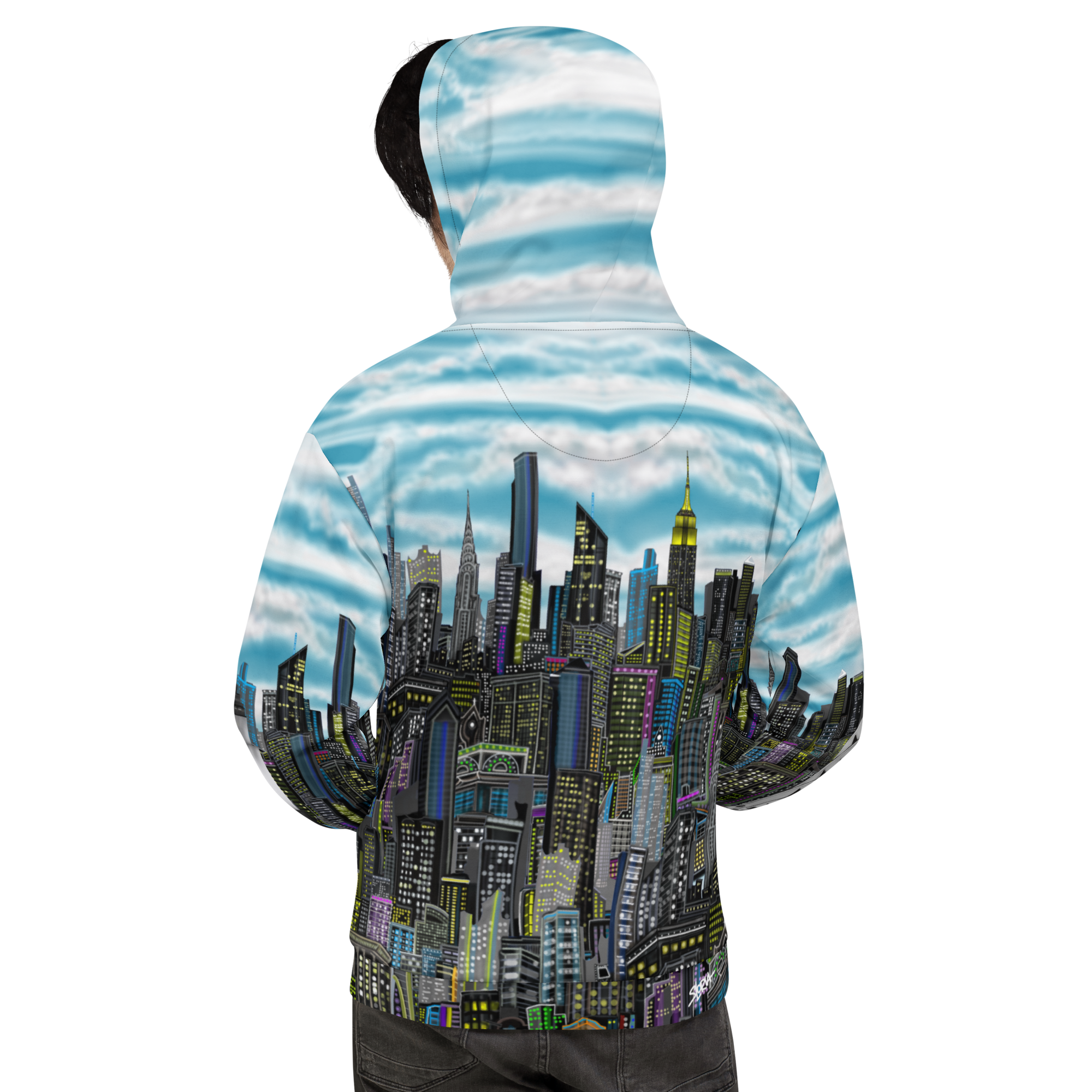 Rear view of a Loria NYC Art Hoodie with a cityscape design on a white background