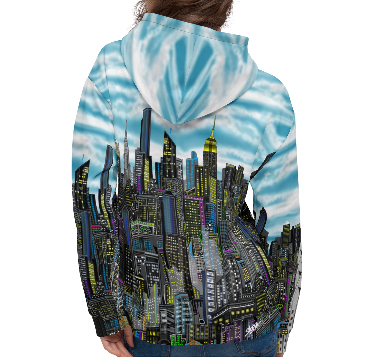 Person wearing a hoodie with a Loria NYC Art cityscape design on the back