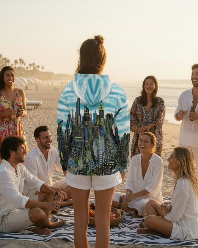 Group of people on a beach with one person wearing a Loria NYC Art hoodie with a cityscape design.