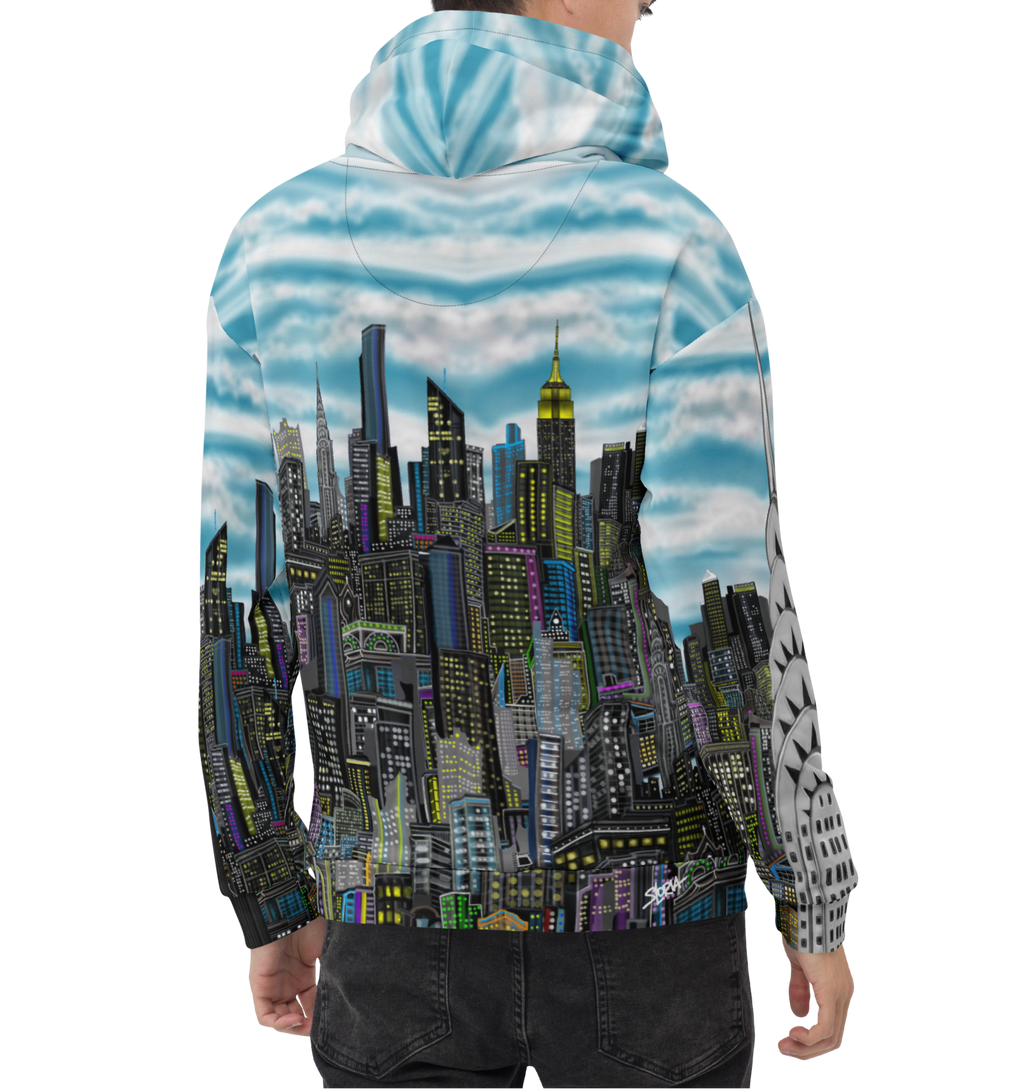 Person wearing a Loria NYC Art hoodie with a cityscape design on a white background