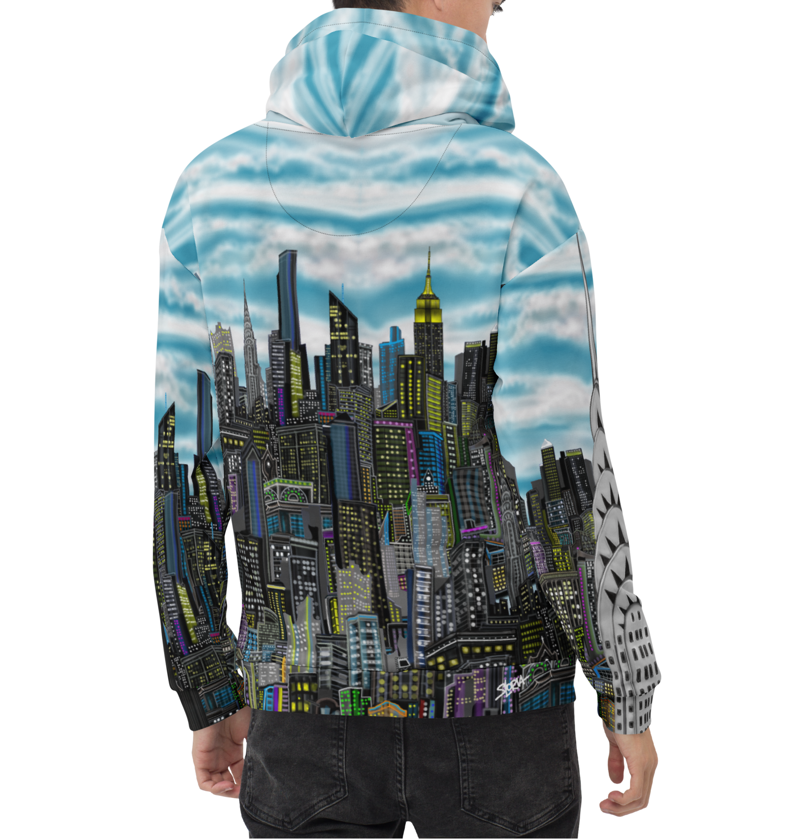 Person wearing a Loria NYC Art hoodie with a cityscape design on a white background