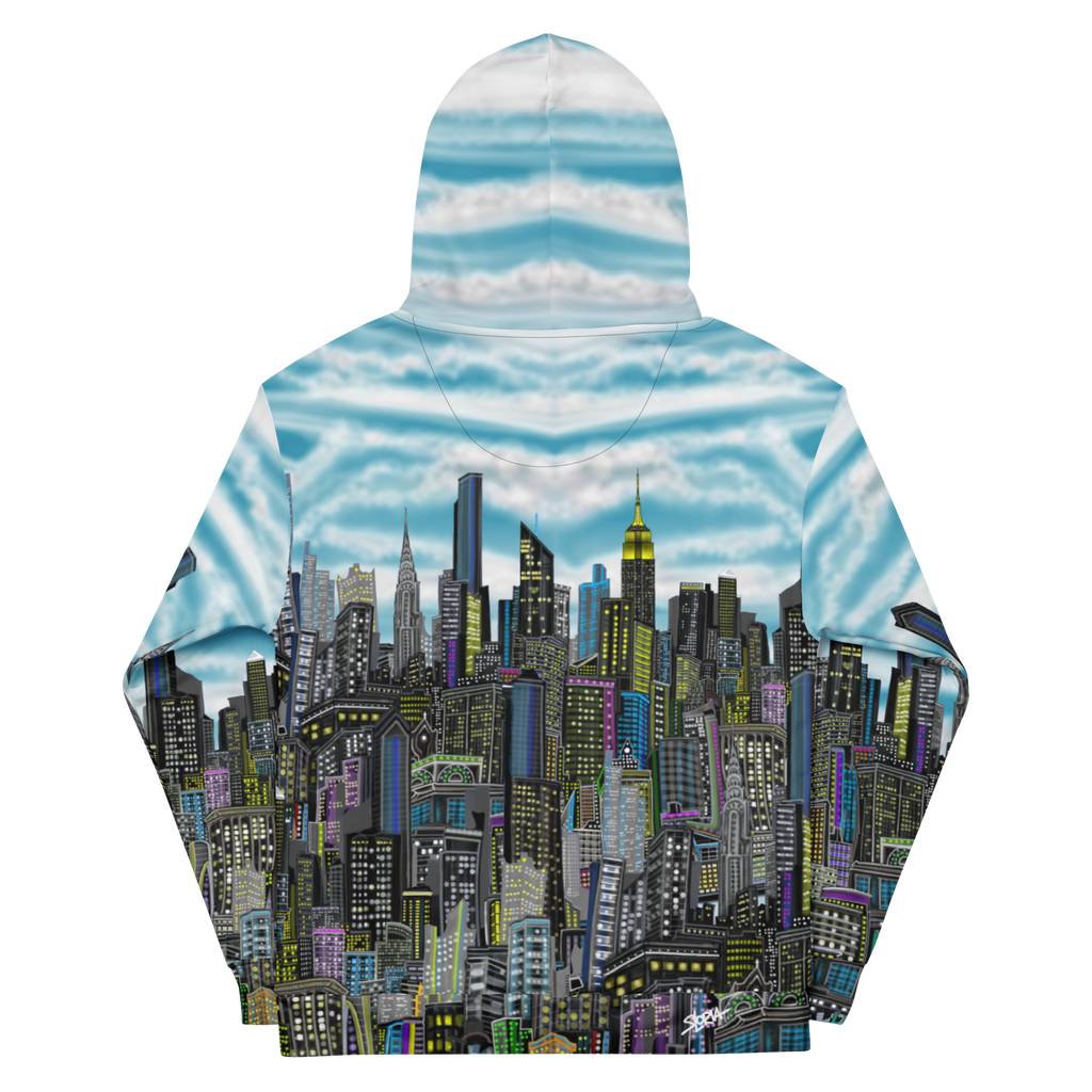 Back of a Hoodie with Loria NYC Art cityscape design on a white background