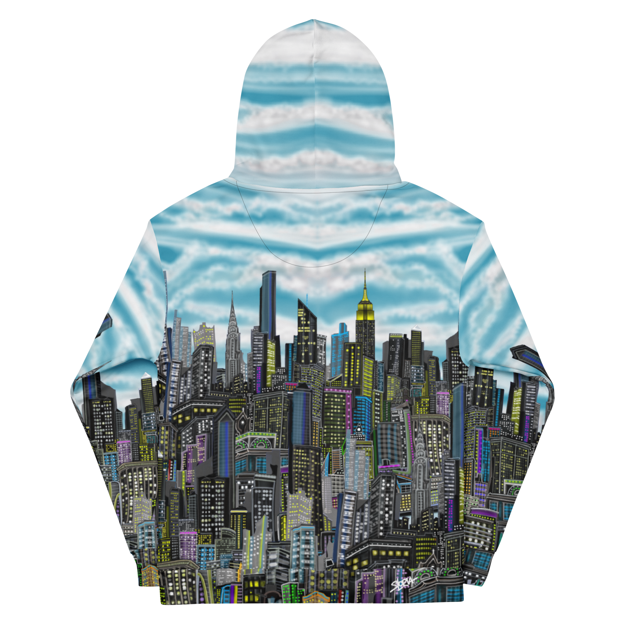 Back of a Hoodie with Loria NYC Art cityscape design on a white background