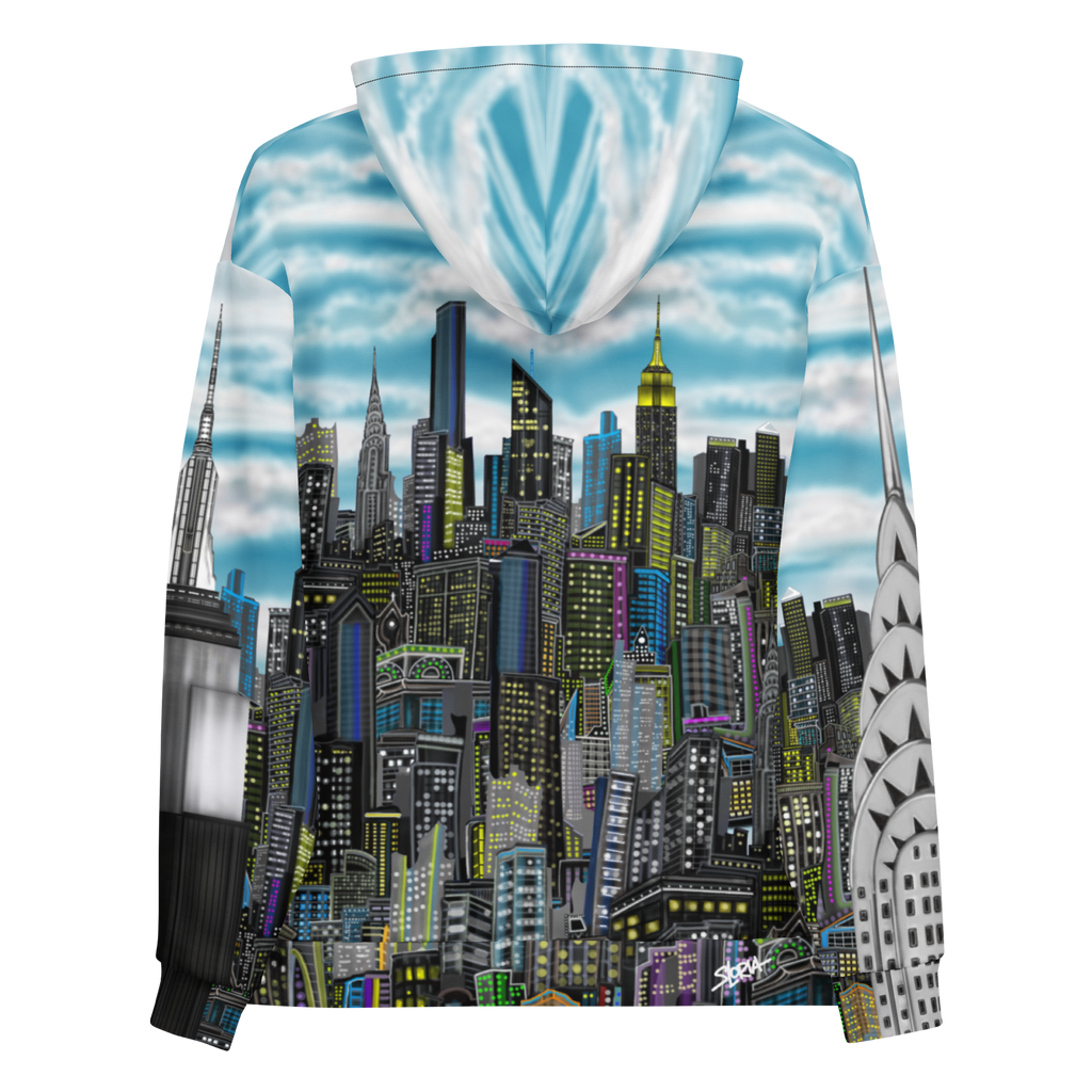 Back view of a Hoodie with a Loria NYC Art cityscape design on a white background