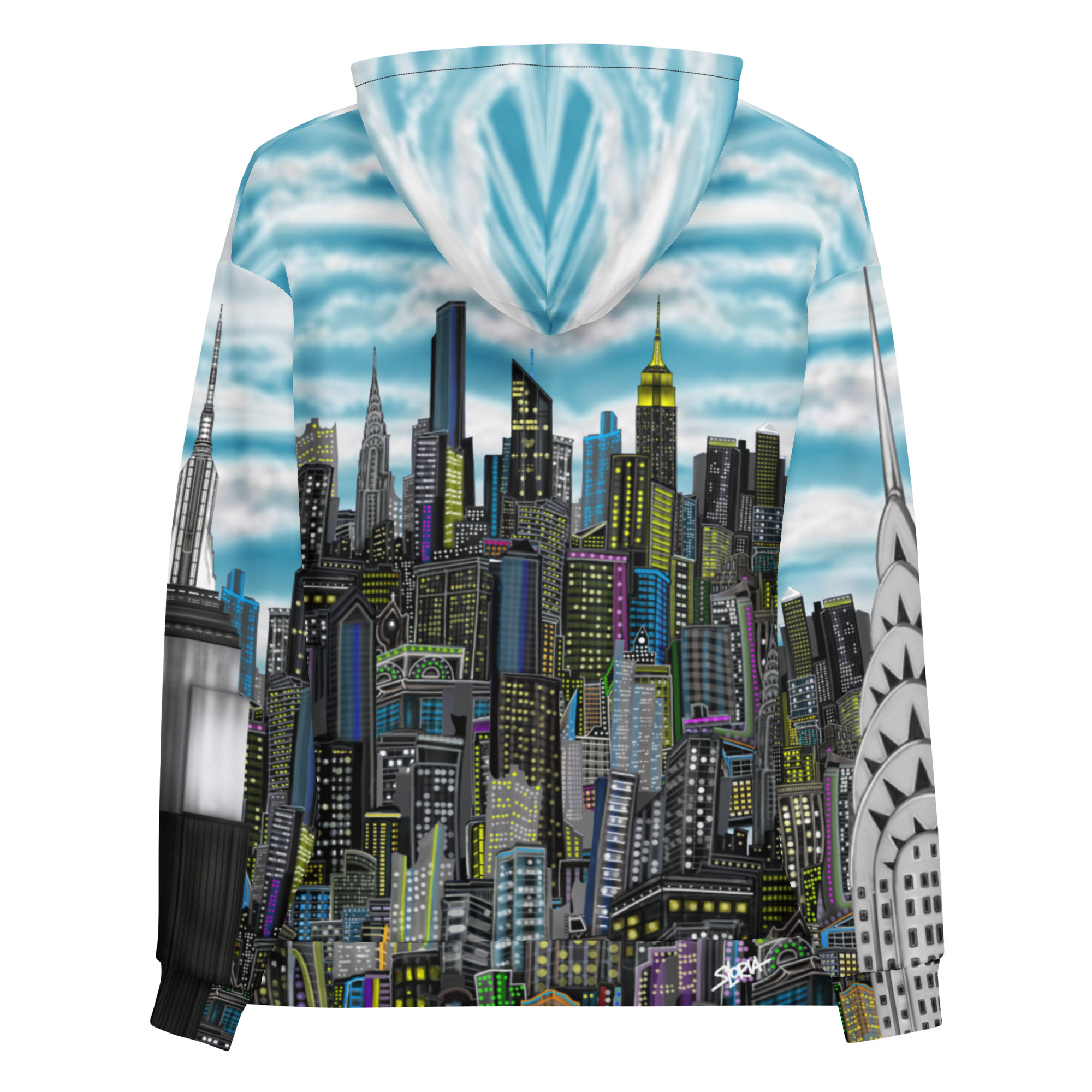 Back view of a Hoodie with a Loria NYC Art cityscape design on a white background