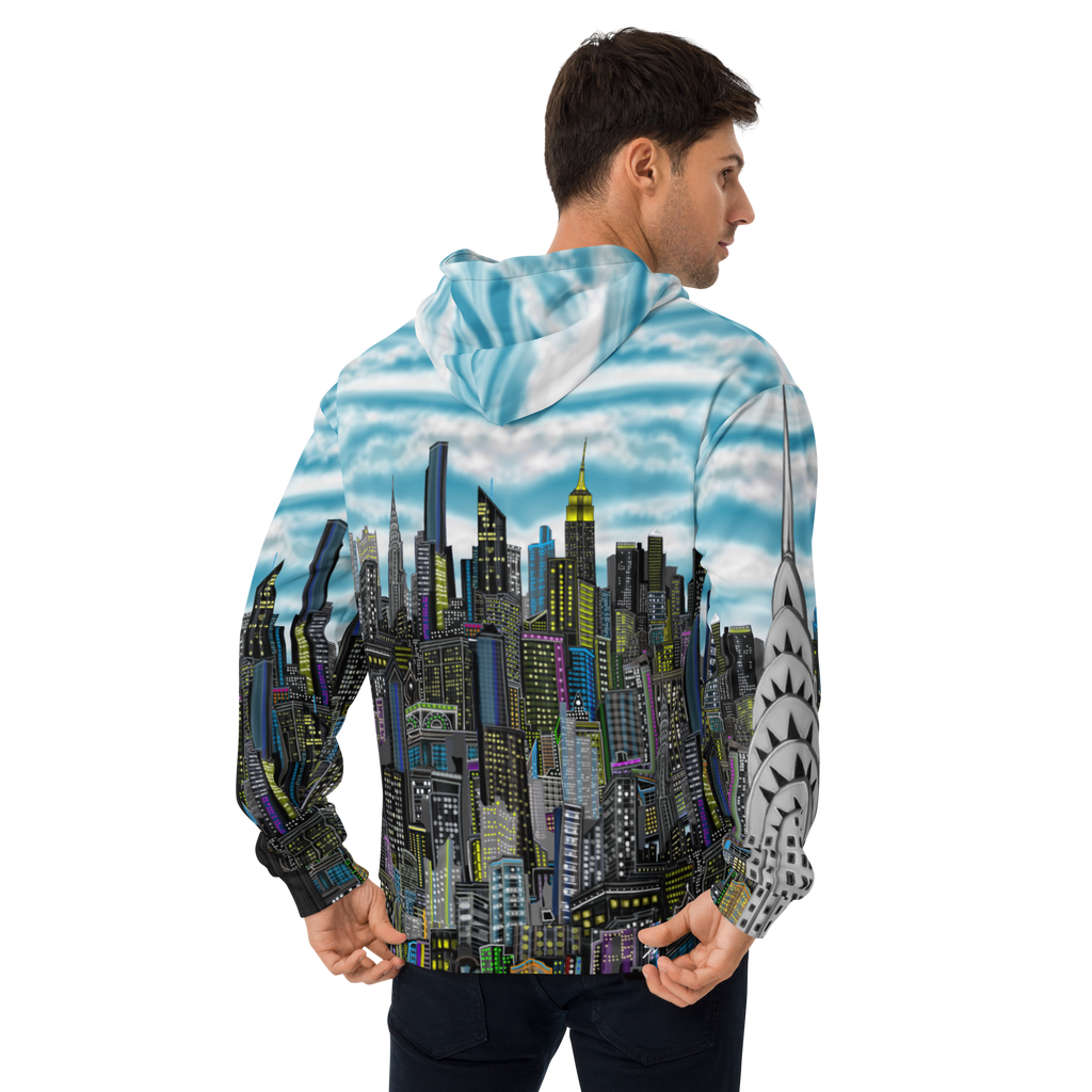 Person wearing a hoodie with a Loria NYC Art cityscape design on the back