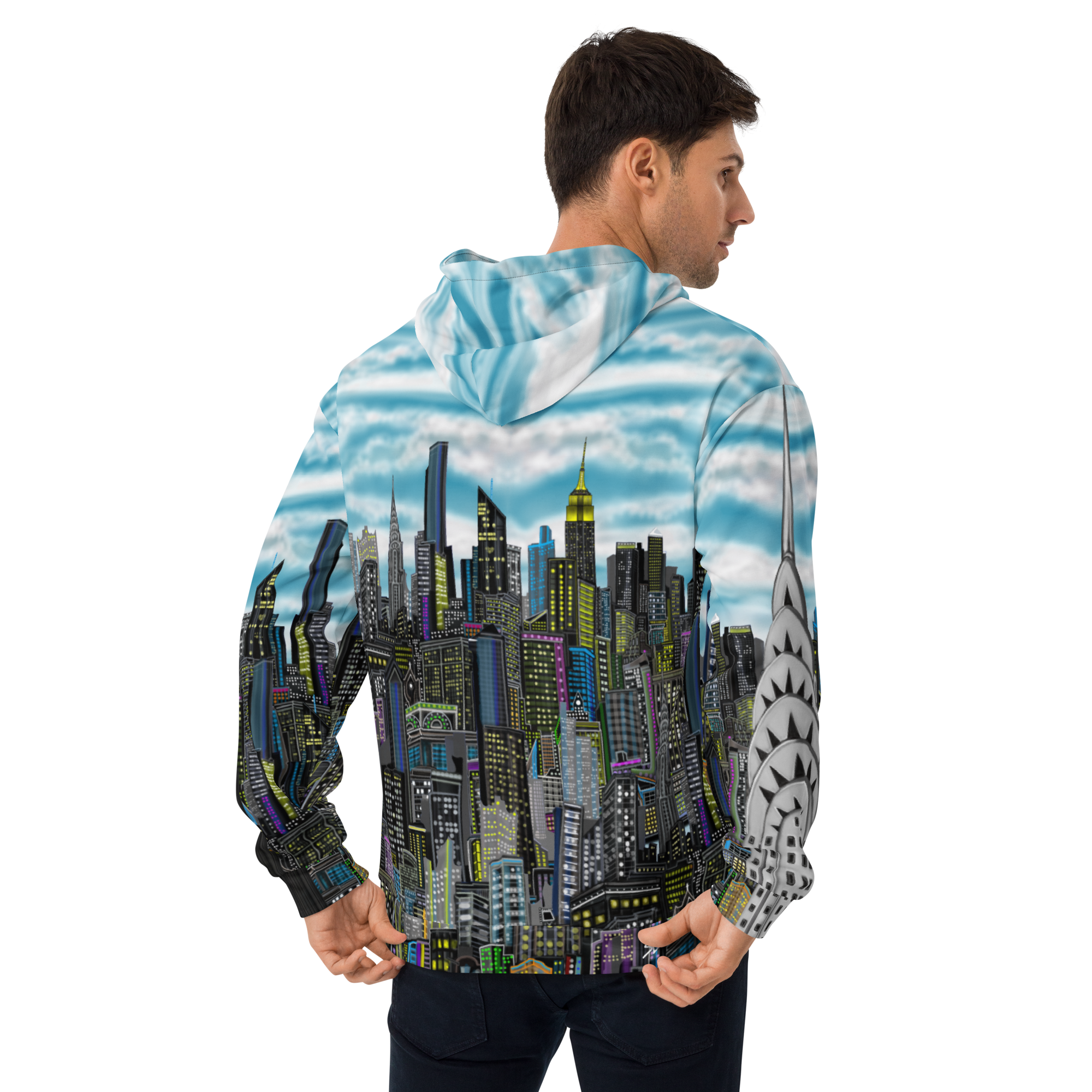 Person wearing a hoodie with a Loria NYC Art cityscape design on the back