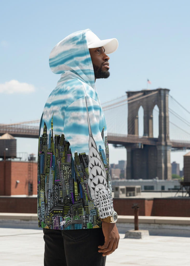 Person wearing a Loria NYC Art  hoodie with a cityscape design and cloud pattern