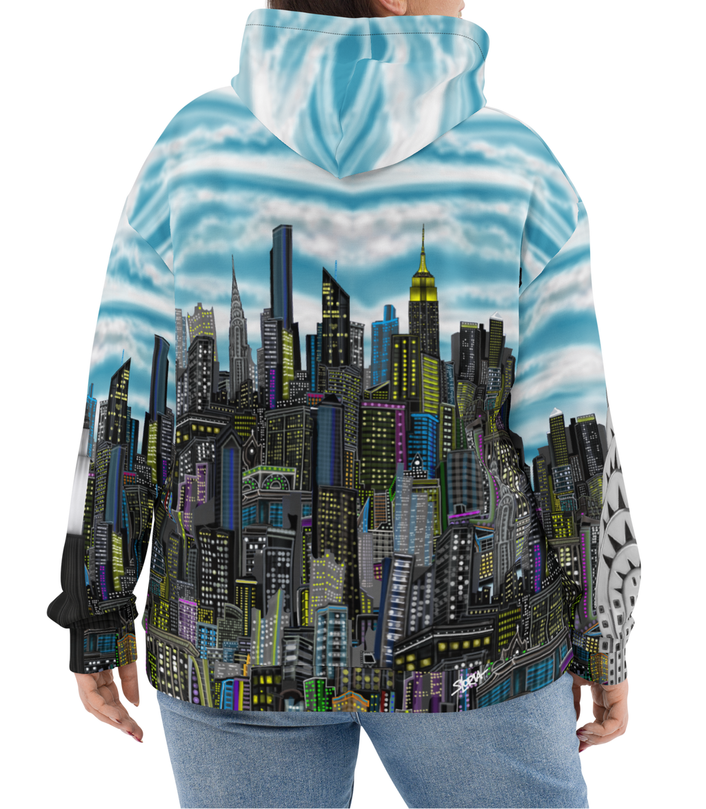 Person wearing a hoodie with a Loria NYC Artcityscape design on a white background