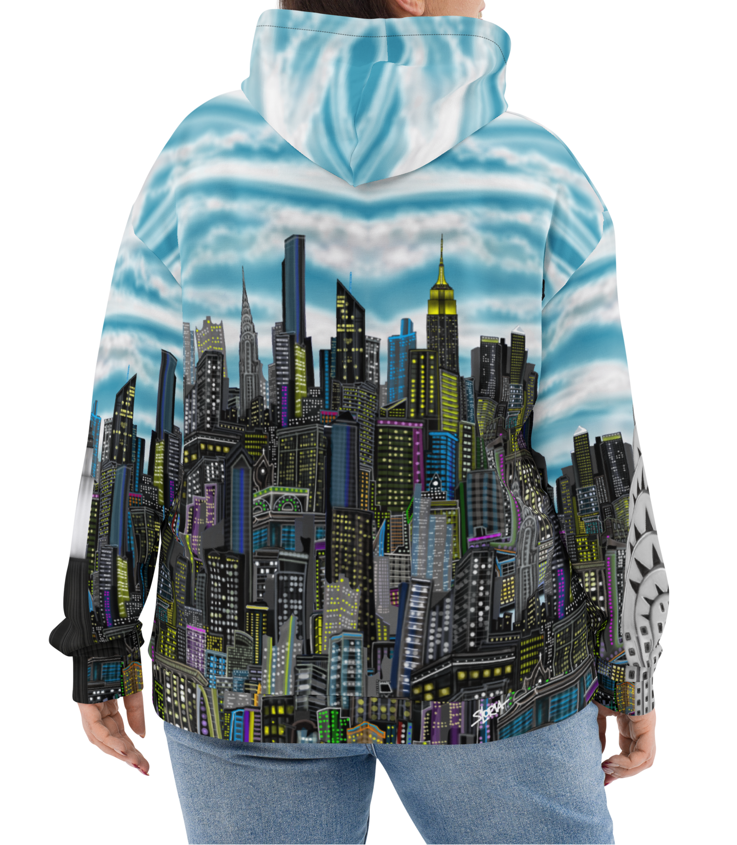 Person wearing a hoodie with a Loria NYC Artcityscape design on a white background