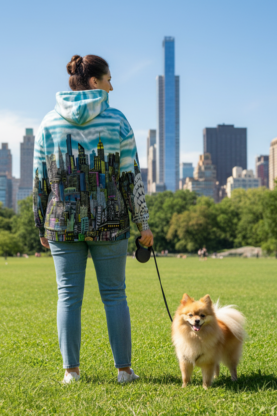 Person wearing a blue Loria NYC Art hoodie with cityscape design standing on grass with a dog