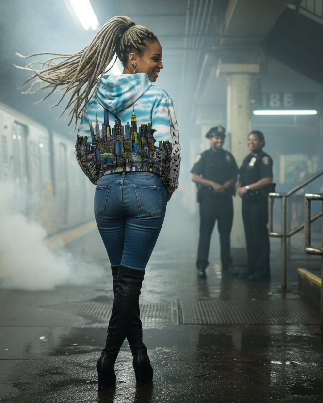 Woman in a colorful Loria NYC Art hoodie and jeans walking in a subway station with police officers in the background.