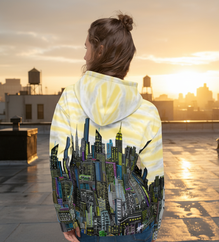 Person wearing a Loria NYC Art hoodie with a cityscape design on a rooftop