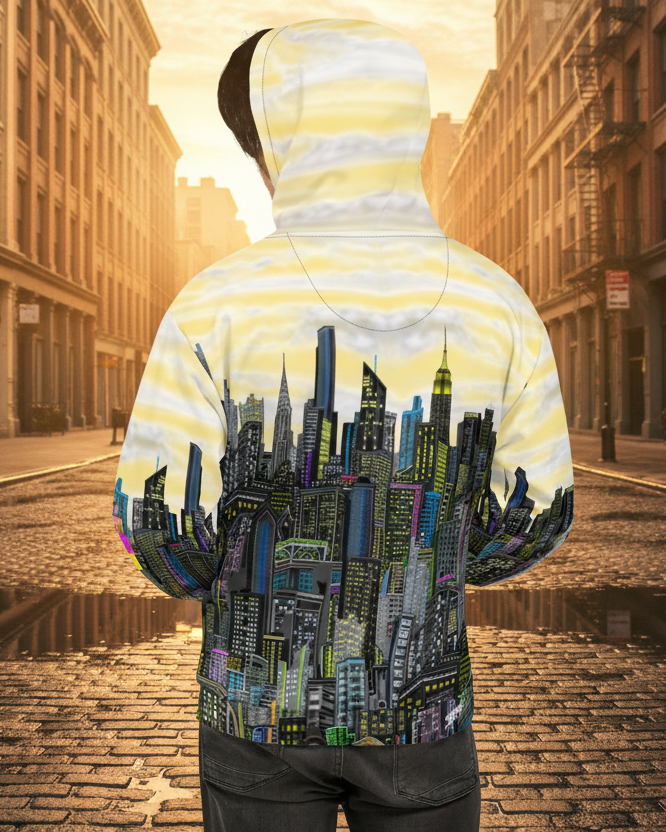 Person wearing a Loria NYC Art hoodie with a cityscape design, standing between  buildings 