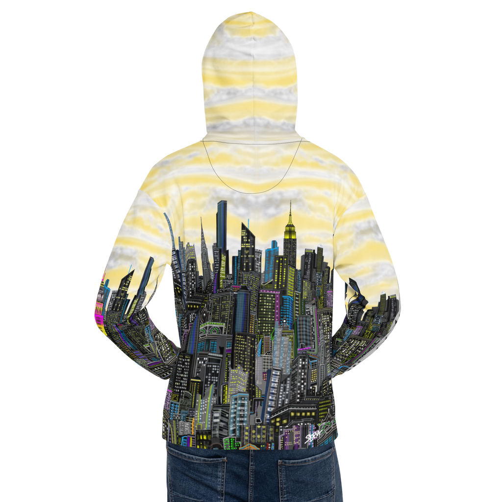 Yellow Hoodie with cityscape Loria NYC Art design on a white background