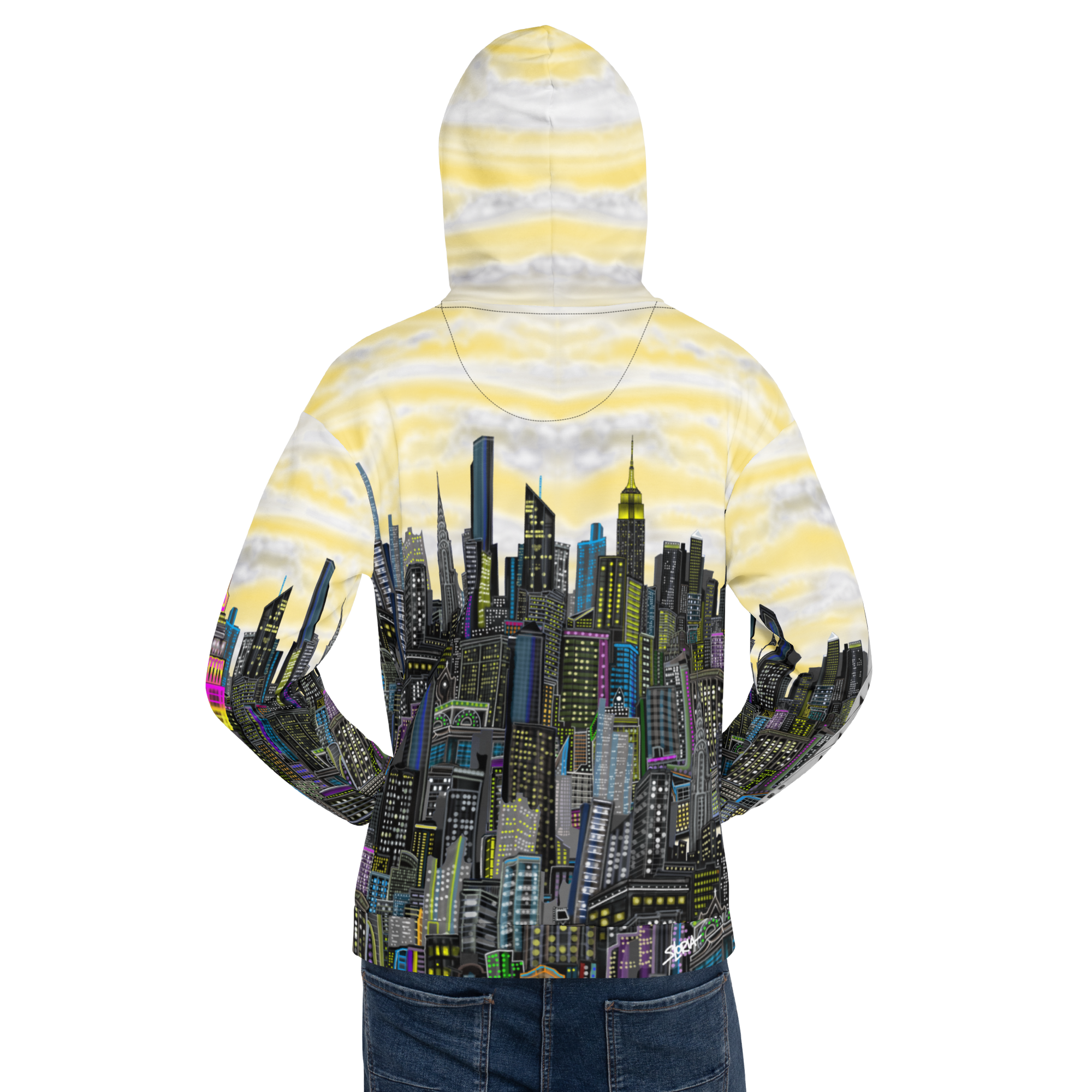 Yellow Hoodie with cityscape Loria NYC Art design on a white background