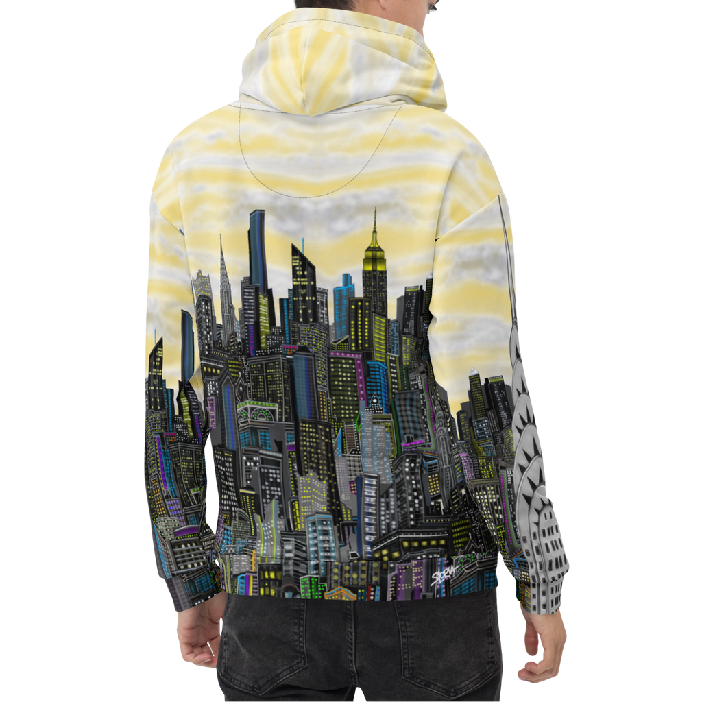 Person wearing a hoodie with a Loria NYC Art Loria NYC Art cityscape design on a white background