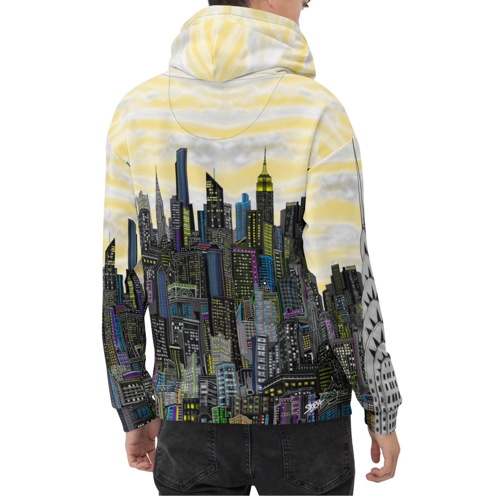 Person wearing a hoodie with a Loria NYC Art Loria NYC Art cityscape design on a white background