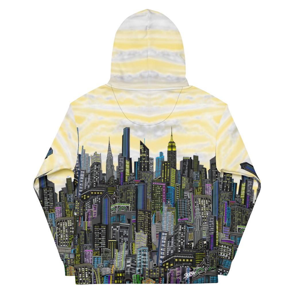 Bac of Hoodie with Loria NYC Art cityscape design on a white background
