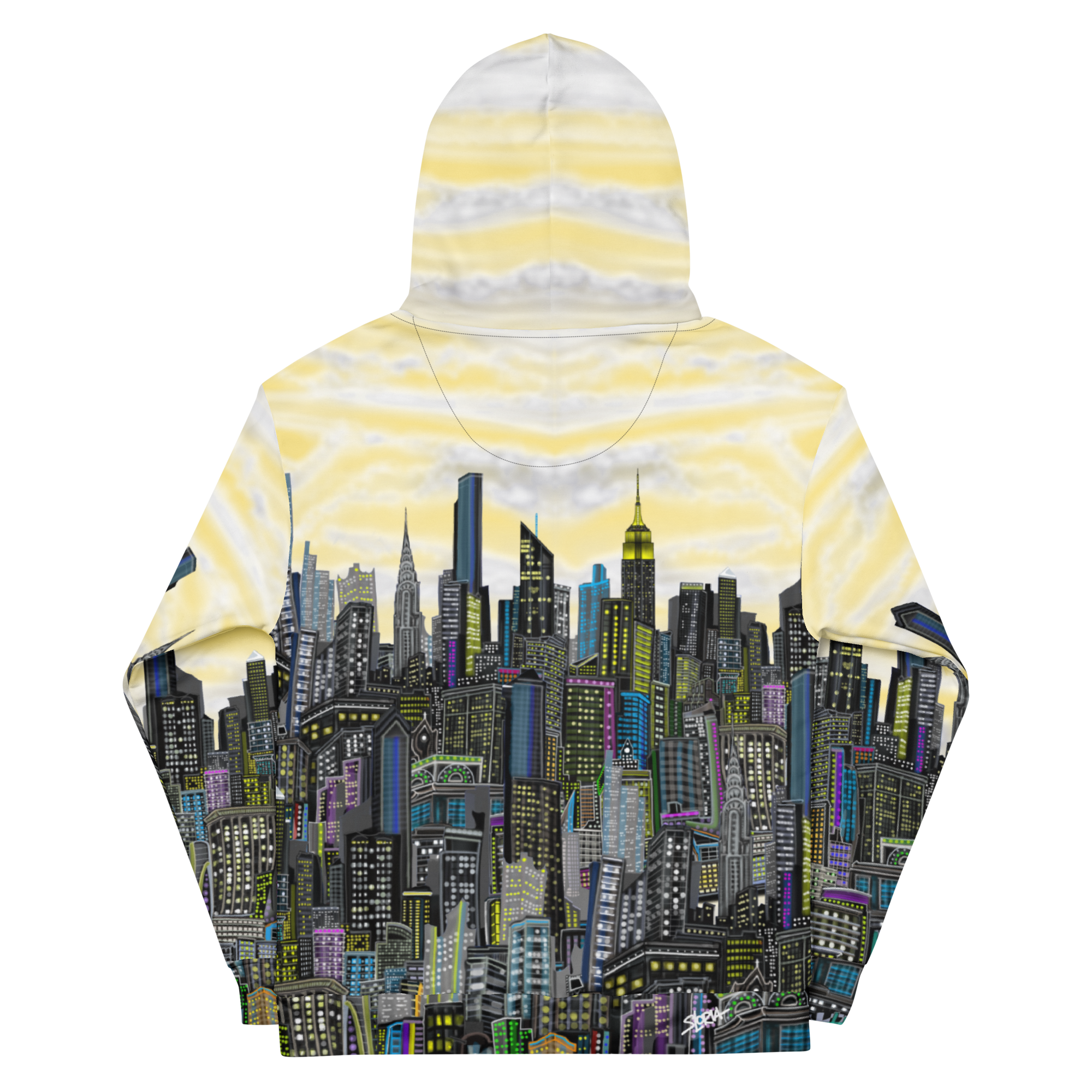 Bac of Hoodie with Loria NYC Art cityscape design on a white background