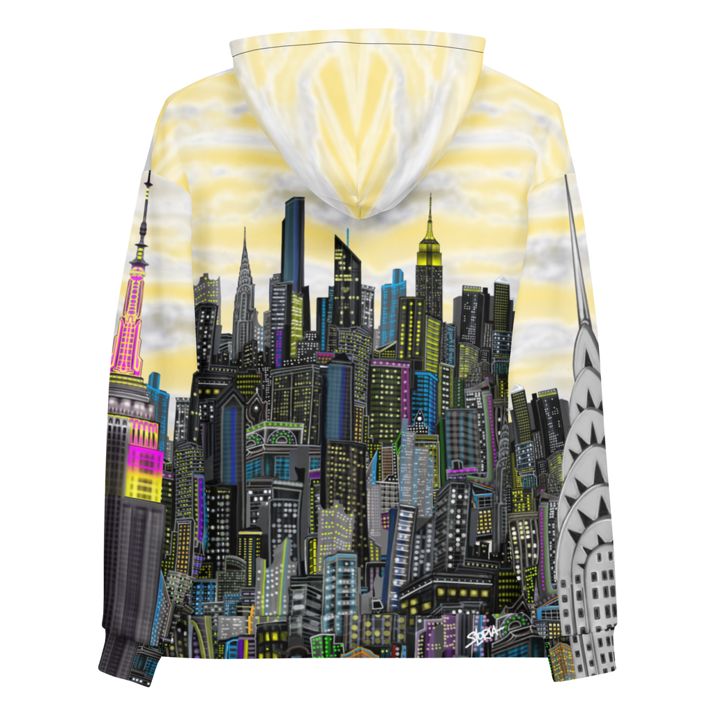 Rear view of Hoodie with a Loria NYC Art cityscape design on a white background