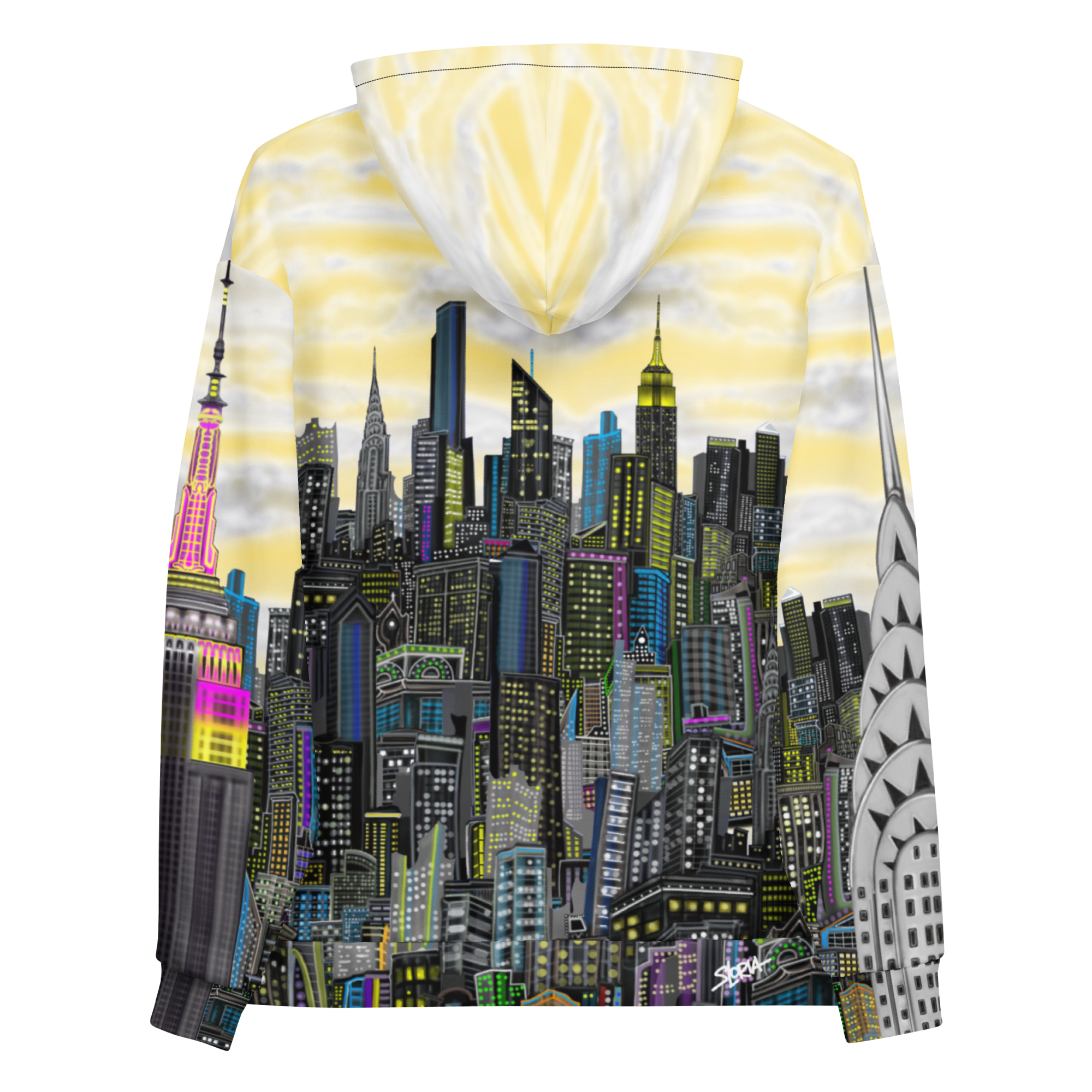 Rear view of Hoodie with a Loria NYC Art cityscape design on a white background
