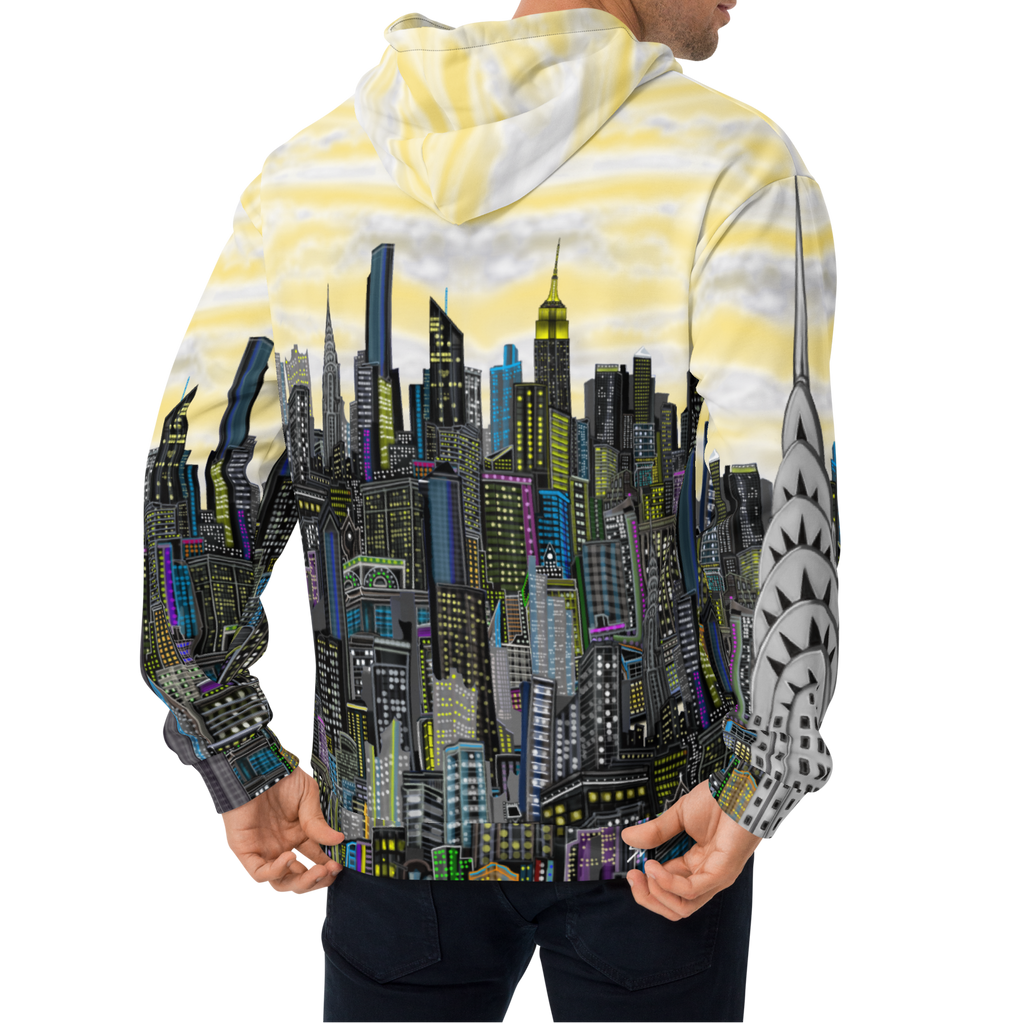 Person wearing a Loria NYC Art hoodie with a cityscape design on a white background