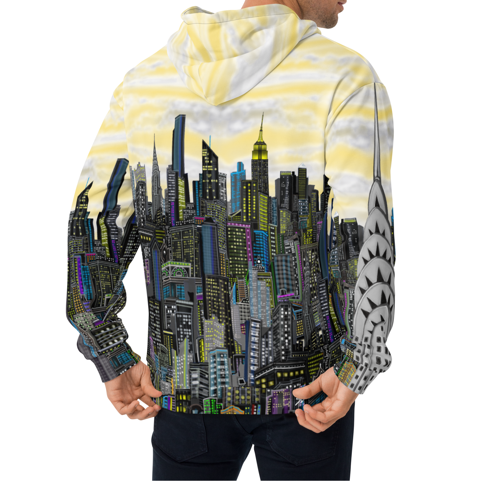 Person wearing a Loria NYC Art hoodie with a cityscape design on a white background