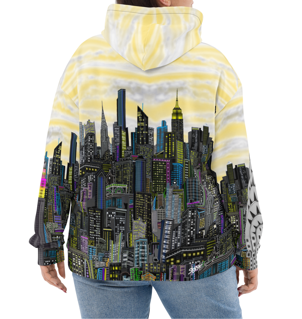 Person wearing a hoodie with a Loria NYC Art cityscape design on a white background