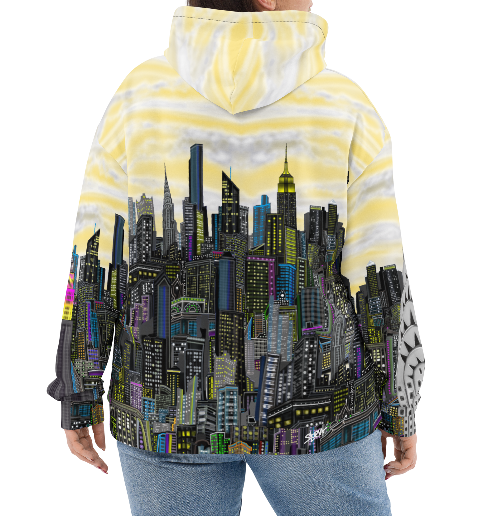 Person wearing a hoodie with a Loria NYC Art cityscape design on a white background