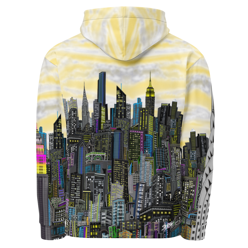 Back of Hoodie with a cityscape Loria NYC Art design on a white background