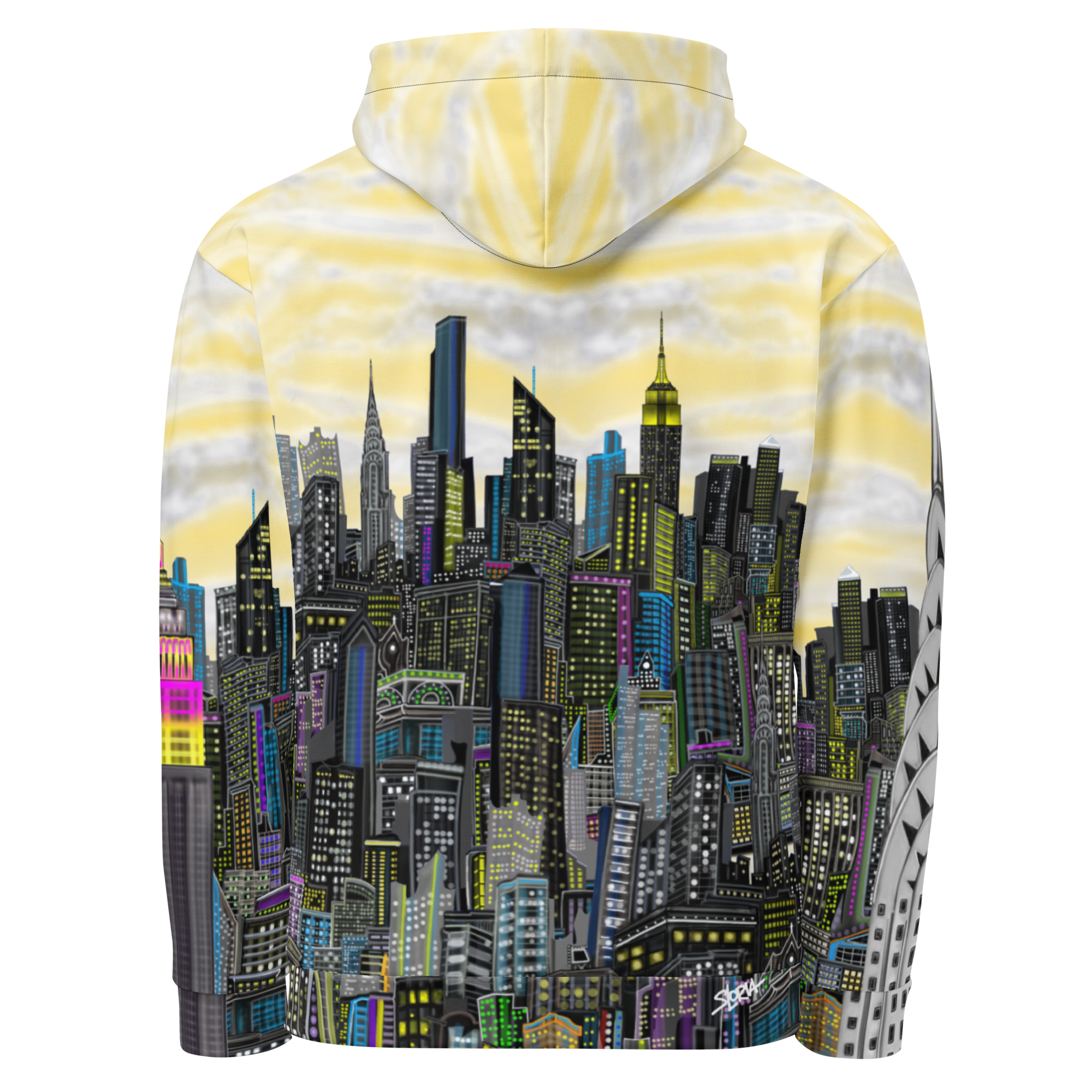Back of Hoodie with a cityscape Loria NYC Art design on a white background