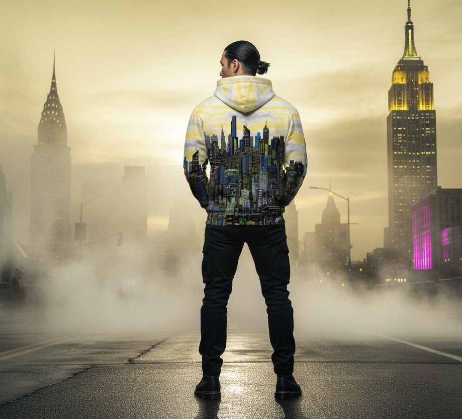 Person wearing a colorful hoodie with a cityscape Loria NYC Art design, standing in front of a foggy urban skyline.