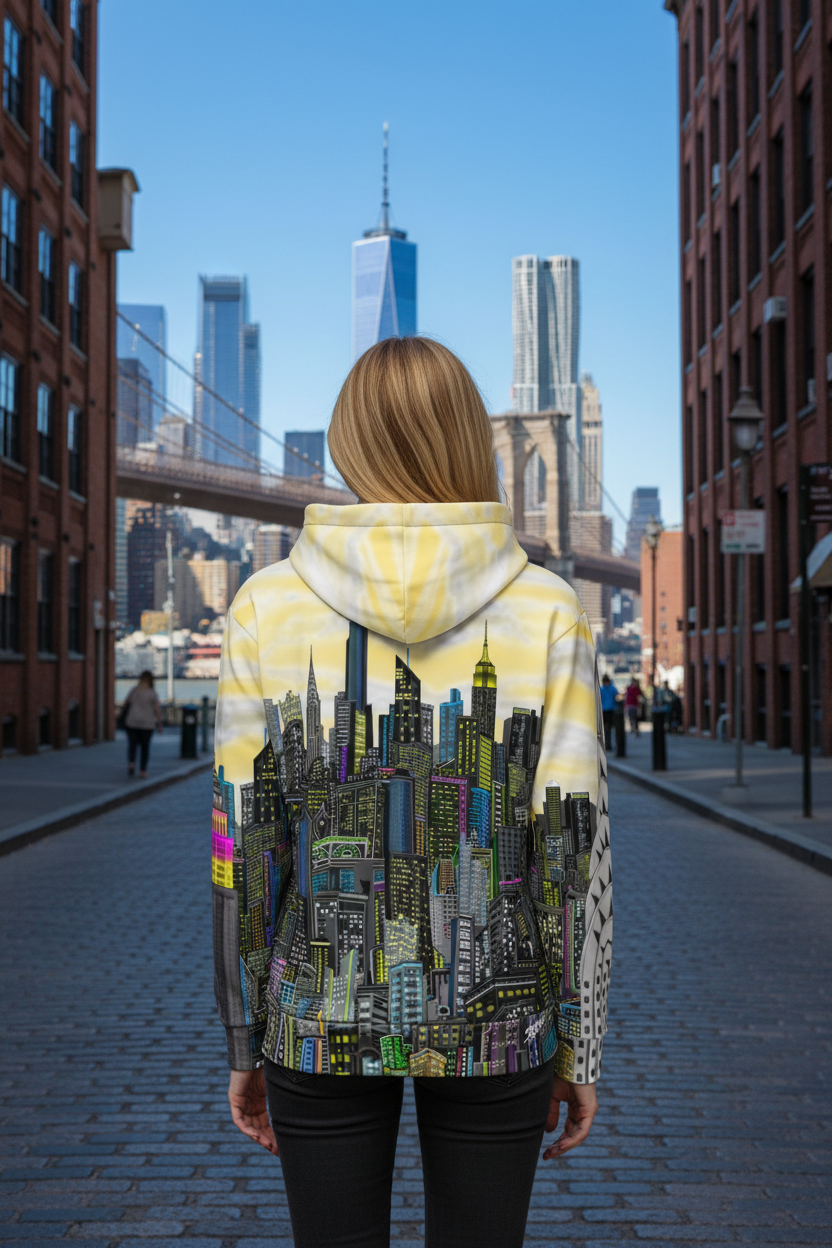 Person wearing a hoodie with a cityscape Loria. NYC Art design in an urban setting